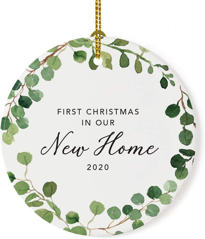 Andaz Press Custom Year Round Ceramic Porcelain Christmas Tree Ornament Keepsake Collectible Gift, First Christmas in Our New Home 2025, Woodland Wreath Deer, 1-PackHousewarming Gift Ideas