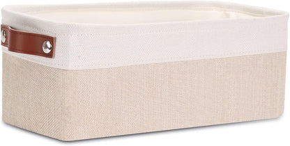 DULLEMELO Fabric Bathroom Storage Bin with Leather Handles, Narrow Organizer for Towels, Toilet Paper Rolls, Storage Basket for Back of Toilet, Vanities, Shelves & Cabinets (White&Khaki)