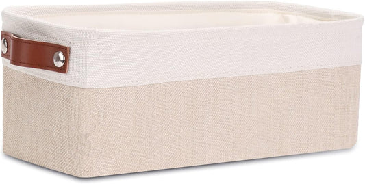 DULLEMELO Fabric Bathroom Storage Bin with Leather Handles, Narrow Organizer for Towels, Toilet Paper Rolls, Storage Basket for Back of Toilet, Vanities, Shelves & Cabinets (White&Khaki)