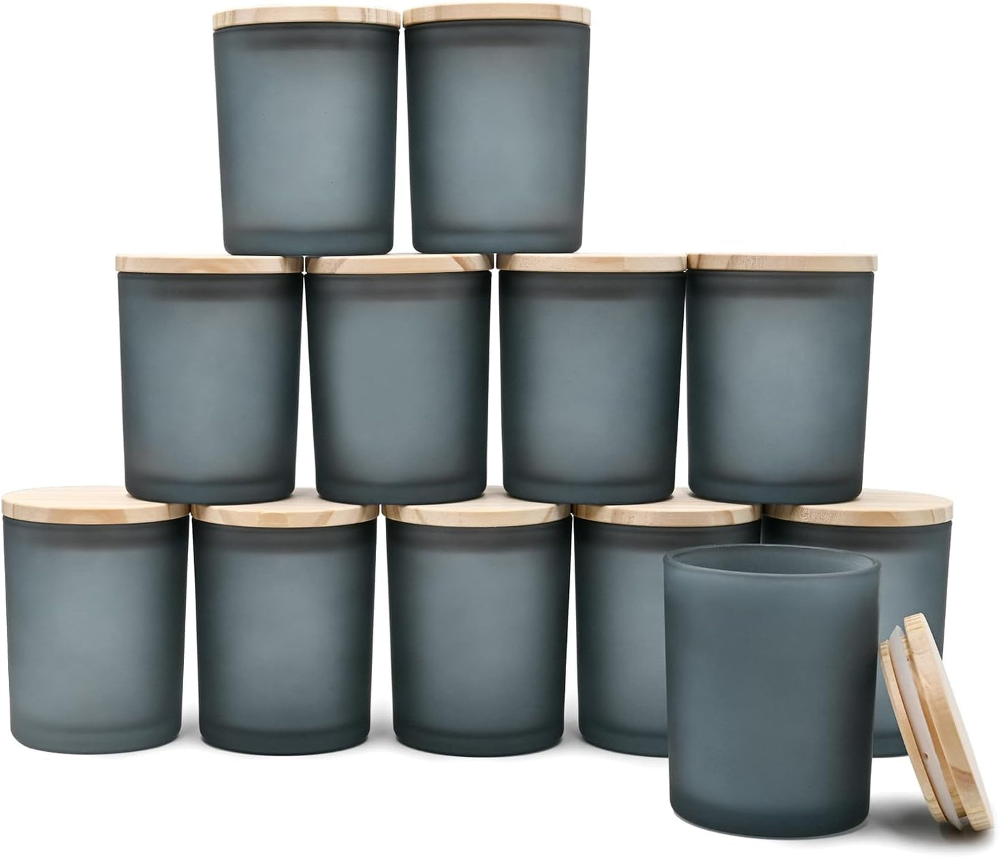 Thick Candle Jars for Making Candles 12 Pcs, 7 OZ Empty Jars with Wood Lids for Candle Making, Sample Container, Frosted Grey