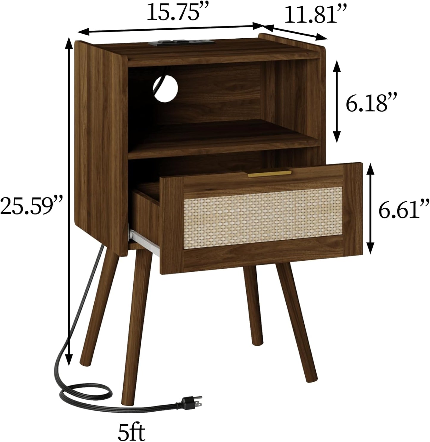 Rattan Nightstand with Outlet,Modern Bedside Table with Storage Drawer and Open Wood Shelf, for Living Room, Bedroom and Small Spaces, Accent Night Stand with Solid Wood Legs,Walnut Brown