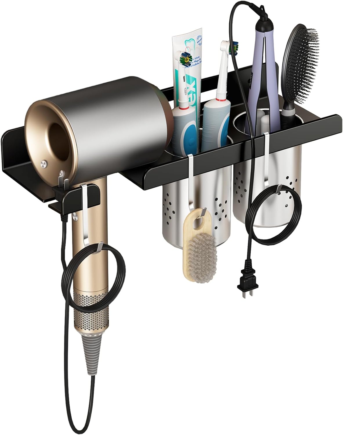 junyuan Hair Tool Organizer Wall Mount,Self Adhesive Hair Dryer Holder for Bedroom & Bathroom,Blow Dryer Holder for Dyson Hair Dryer,Stainless Steel Cups for Medium or Small Bathroom Storage 4" Width