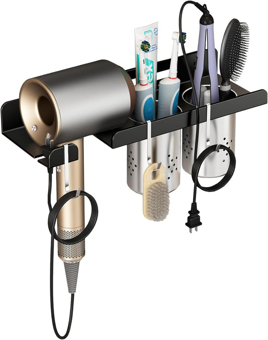 junyuan Hair Tool Organizer Wall Mount,Self Adhesive Hair Dryer Holder for Bedroom & Bathroom,Blow Dryer Holder for Dyson Hair Dryer,Stainless Steel Cups for Medium or Small Bathroom Storage 4" Width