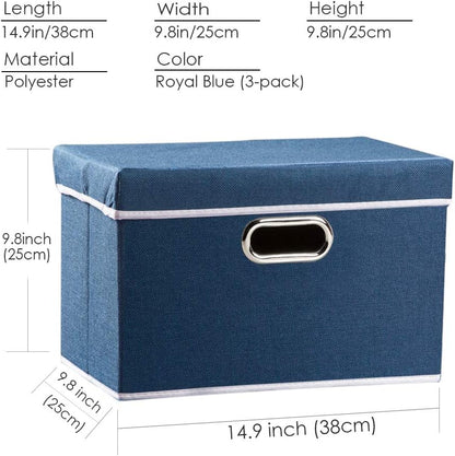 PRANDOM Collapsible Storage Bin with Lid [3-Pack] Fabric Foldable Storage Box Organizer Container Basket Cube with Cover for Home Bedroom Closet Office Nursery Royal Blue(14.9x9.8x9.8)