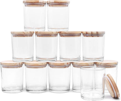 Thick Candle Jars for Making Candles 12 Pcs, 7 OZ Empty Jars with Wood Lids for Candle Making, Sample Container, Clear
