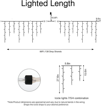 Brightown Christmas Icicle Lights Outdoor, 66 Feet 138 Drops with 736 LED, 8 Modes Waterproof Connectable Twinkle Fairy String Light for Christmas Thanksgiving Hanging Icicles (Pure White)