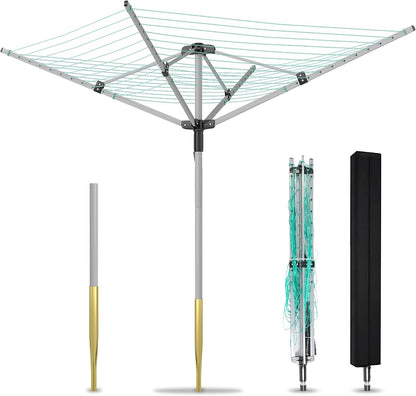 Outdoor Umbrella Drying Rack 165 Feet Umbrella Clothesline with 12 Lines Rotary Drying Rack Adjustable Height 4-Arm Foldable Clothes Drying Rack with Protective Cover for Backyard- Green