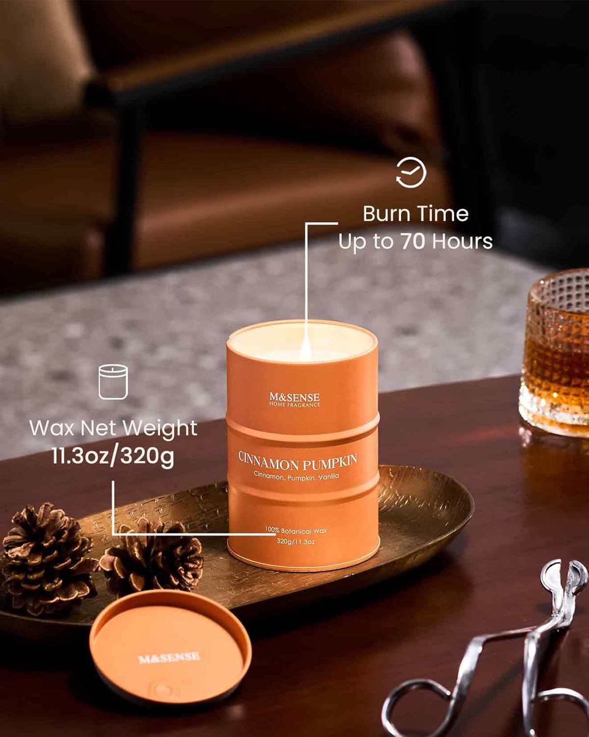 M&SENSE Cinnamon Pumpkin Scented Candles Natural Non Toxic, Aromatherapy Candle for Stress Relief Meditation Relaxing, Housewarming Gifts for Women Men, 11.3oz 70 Hour Long Burning