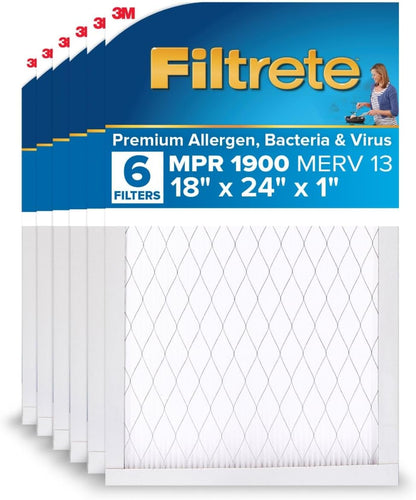 Filtrete 18x24x1 AC Furnace Air Filter, MERV 13, MPR 1900, Premium Allergen, Bacteria & Virus Filter, 3-Month Pleated 1-Inch Electrostatic Air Cleaning Filter, 6-Pack (Actual Size 17.81x23.81x0.78 in)
