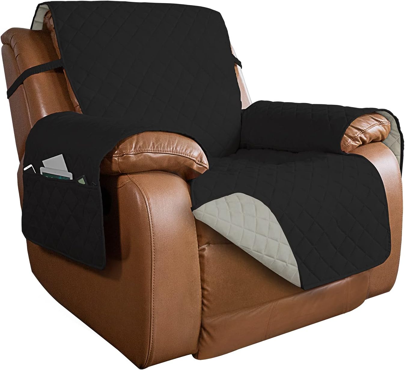 PureFit Reversible Quilted Oversized Recliner Sofa Cover, Water Resistant Furniture Protector, Washable Couch Cover with Elastic Straps for Kids, Dogs, Pets (Large, Black/Beige)