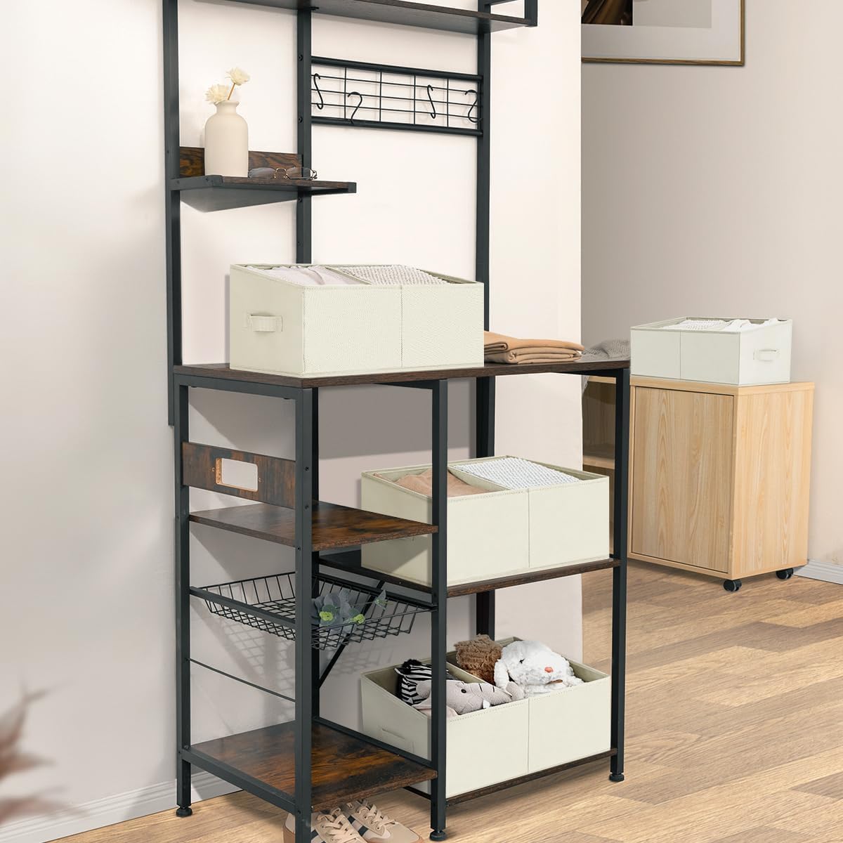 DIMJ Closet Storage Bins, 5 Pack Storage Baskets for Shelves, Foldable Closet Organizer with Handle, Linen Closet Organizers and Storage for Clothes, Toys, Towel, Books (Beige)