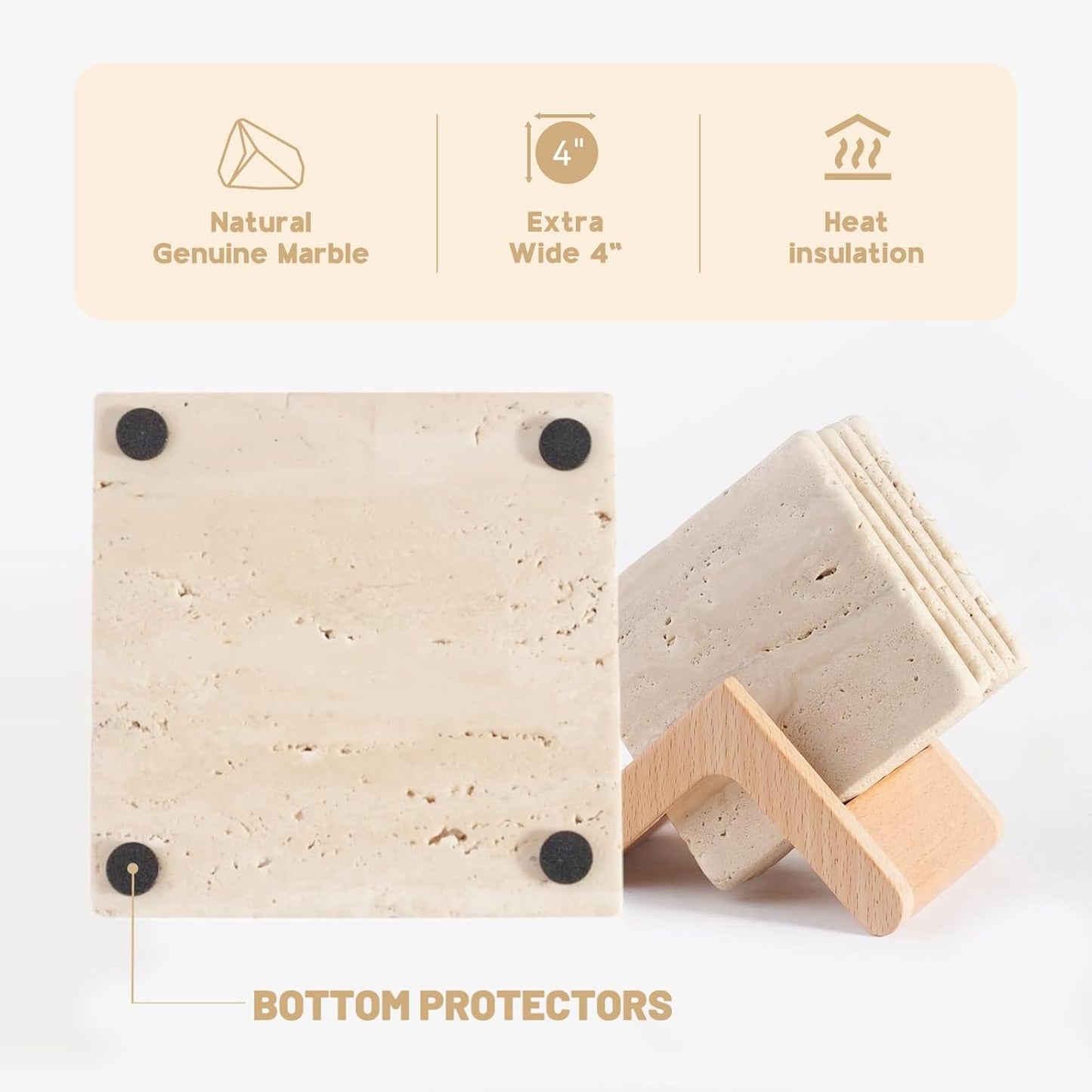 BCS Square Marble Coasters Set of 6 with Holder - Premium Travertine Drink Coasters for Coffee Table, Durable Cup Mats for Wine, Beer, Cocktails - Elegant Home & Bar Decor