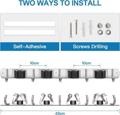 IMILLET 2 Broom Holder Wall Mounted, Stainless Steel Broom Mop Holder Self Adhesive Heavy Duty Hooks Storage Organizer for Home Laundry Room Garden Garage Closet Kitchen（4 Racks with 5 Hooks）