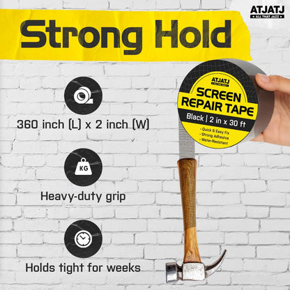 2in x 30ft (360in) Window Screen Repair Tape, Screen Door Replacement Kit, Mosquito Net Repair Tape, Window Net Screen Patch, Mesh Tape for Drywall Repair, Screen Patches for Ripped Screen, Black