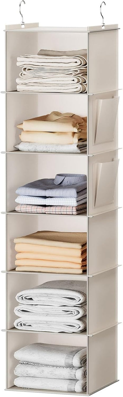 YOUDENOVA Hanging Closet Organizer, 6-Shelf Closet Hanging Storage with Side Pockets, Beige