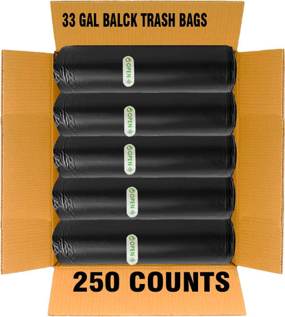 33 Gallon Trash Bags, 250 Count Bulk, Black Garbage bags, Multi-purpose Trash Can Bin Liners for Home Commercial, Outdoor, Construction, Industrial, Janitorial, Municipal, Lawn, Leaf