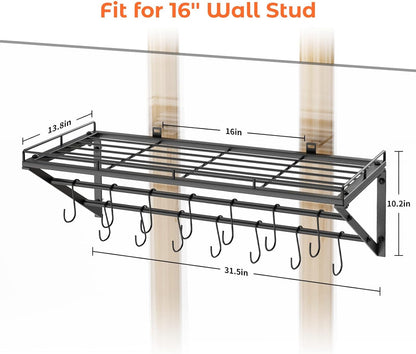 OROPY 31 Inch Wall Mounted Pot Rack Storage Shelf with 2 Tier Hanging Rails 14 S Hooks included, Ideal for Pans, Utensils, Cookware - Black