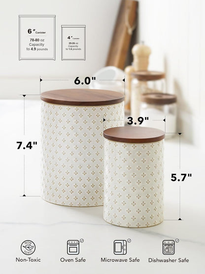 LE TAUCI Food Storage Containers with Airtight Lids, 78/25 oz Ceramic Sugar Canisters Sets, Embossed Large Jars for Pasta, Oats, Coffee Bean, Cookies, Rice, Grains, Tea - Set of 2, Clover