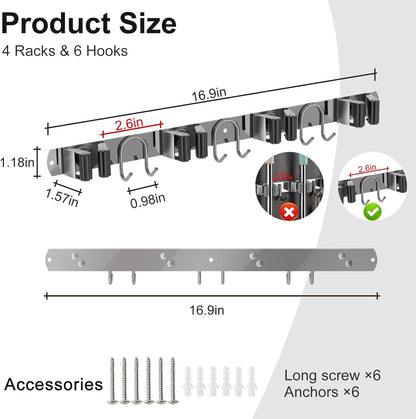 Mop Broom Holder Wall Mount, 2 Packs Silver Stainless Steel Tool Storage Organizer for Kitchen Garden Garage Laundry Room Bathroom and RV with 4 Slots 6 Hooks