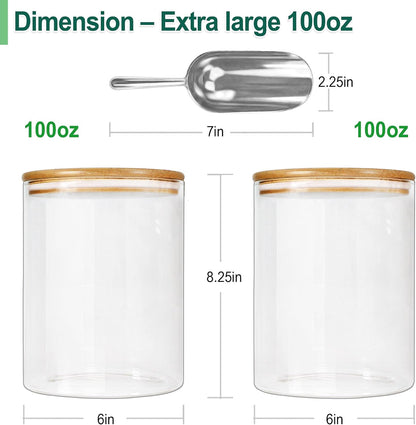 Urban Green Glass Jar with Bamboo Lids (2 sets 100oz) with Metal Scoop, Food Storage Containers with Airtight Lids, Glass Canisters sets, Flour Container Jar