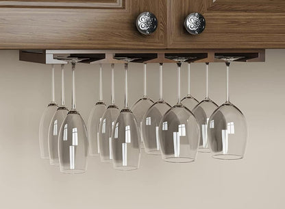 Rustic State Eze 4 Sectional Wood Under Cabinet Wine Glass Holder Wine Glass Rack Hanging Shelf Stemware Bar Organizer - 12 Wine Glass Storage - 10 Inch Deep - Chestnut Stained