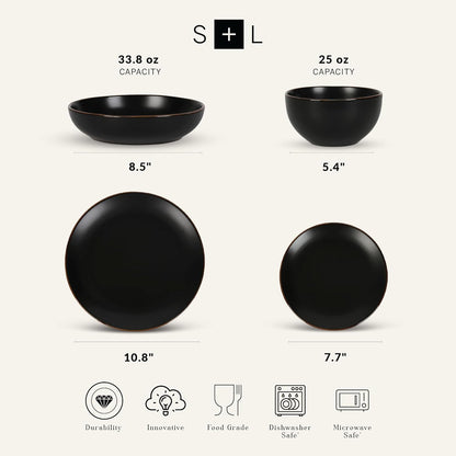 Stone Lain Brasa Modern Stoneware 16 Piece Dinnerware Sets, Plates and bowls Sets, Dish Set for 4, Black