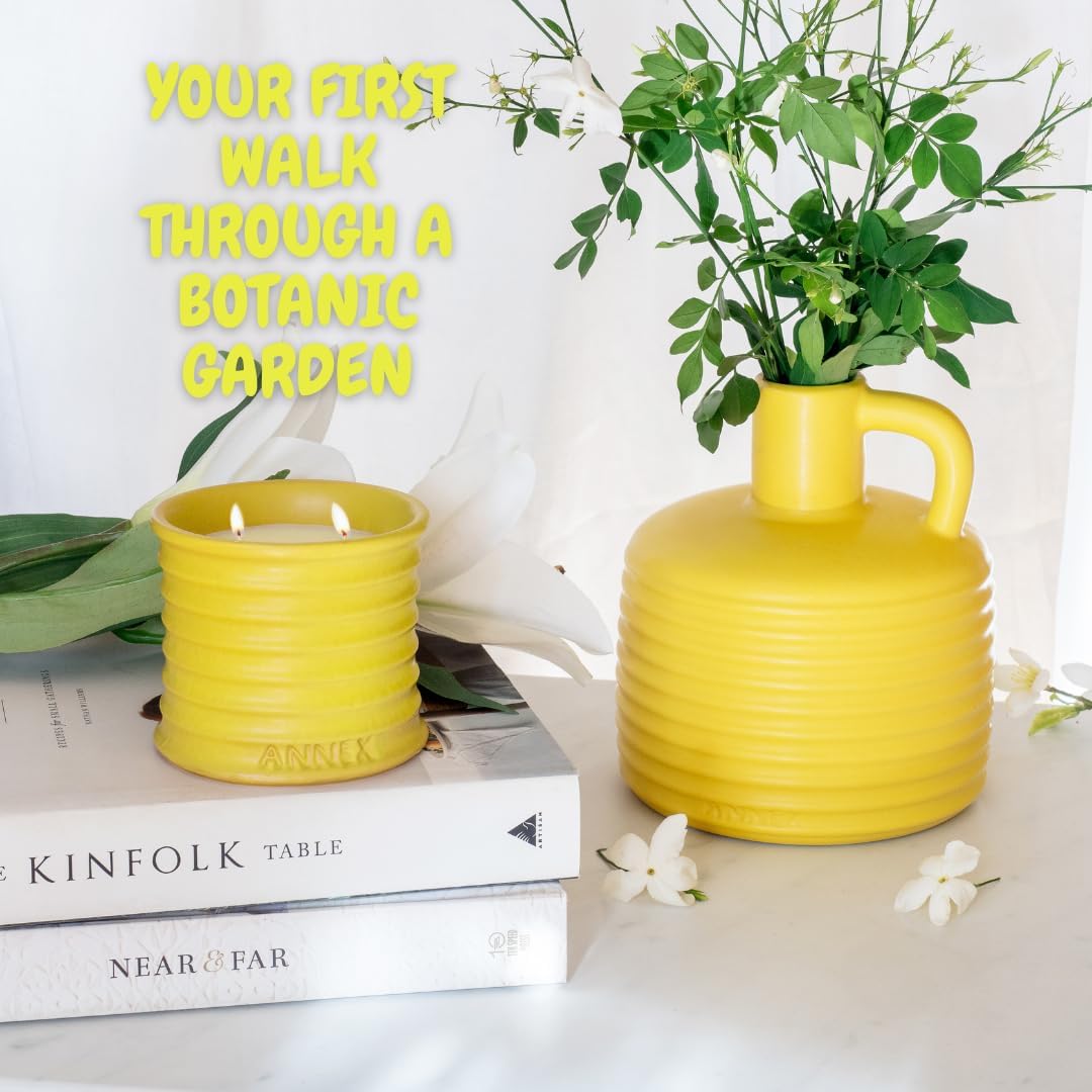 Scented Luxury Candles in Handmade Ceramic Jars, Soy Wax | Flower Bomb – Lily of The Valley & Jasmine, Large Candle | Non Toxic, 2 Wicks, Reusable Yellow Jar | Natural Spring Aromatherapy for Women