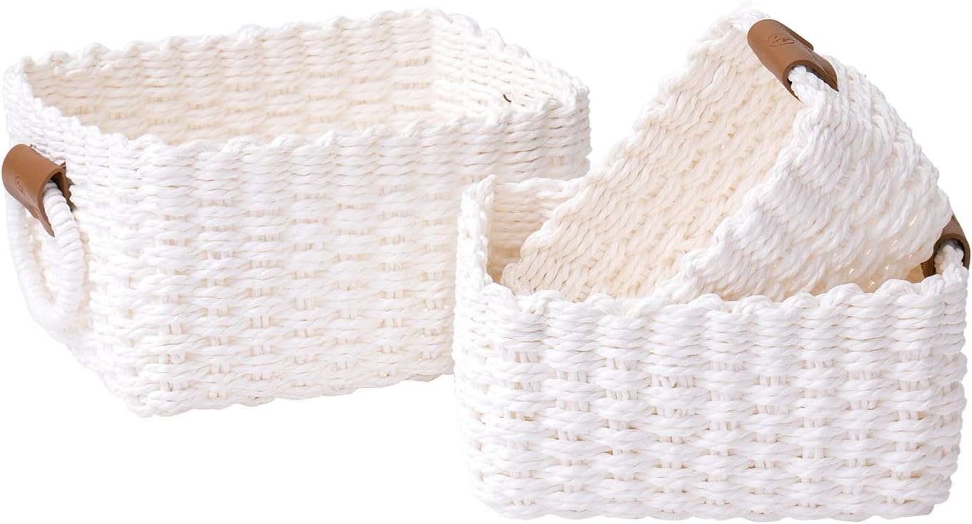 LA JOLIE MUSE Woven Storage Baskets for Organizing, Recycled Paper Rope Basket Bin Divider for Makeup Towel Shelf Cupboards Drawer Closet Dresser, Decorative White Storage Basket Set of 3