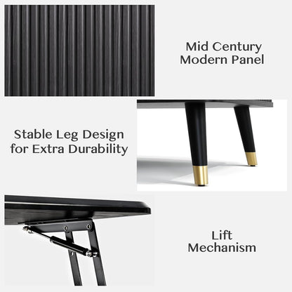 Lift Top Coffee Table with Storage Shelf & Hidden Compartment, Mid Century Modern Fluted Rectangle Dining Table for Living Room, Home Office,Black