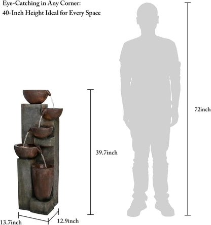 Naturefalls 39.7in.Modern Outdoor Fountain -5-Tier Resin Water Feature, Indoor Outdoor Garden Waterfall Fountain with Contemporary Design&LED Lights for Patio, Yard, Deck, House, Office, Home Decor