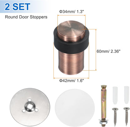 PATIKIL 2Set Round Door Stoppers, 60mm Stainless Steel Door Stop Doorstop Wedge Metal Cylinder Self Adhesive with Screw for Bottom of Door Floor Inside, Gold Tone