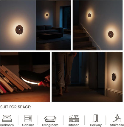 Motion Sensor Night Light Wood Rechargeable Battery-Powered Stick-On Step Lights Loftie Lights Magnetic Closet Warm Nightlight for Hallway Bedroom Stair (2 Pack Black Walnut)