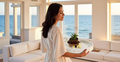 CLAYNIX Serving Tray 12.5 Inch, Lacquer Mother of Pearl Inlay Mosaic Tray, Round Wooden Marble Tray with Handles Trays for Tea, Breakfast (White)