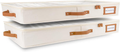 HOMELUX THEORY 2pc Low Profile Under Bed Storage Containers, Thin Under Couch Storage Organizer with Bins & Lids, Underbed Storage Box Ideal for Seasonal Clothes, Blankets, Fabric & Shoes (Ivory)