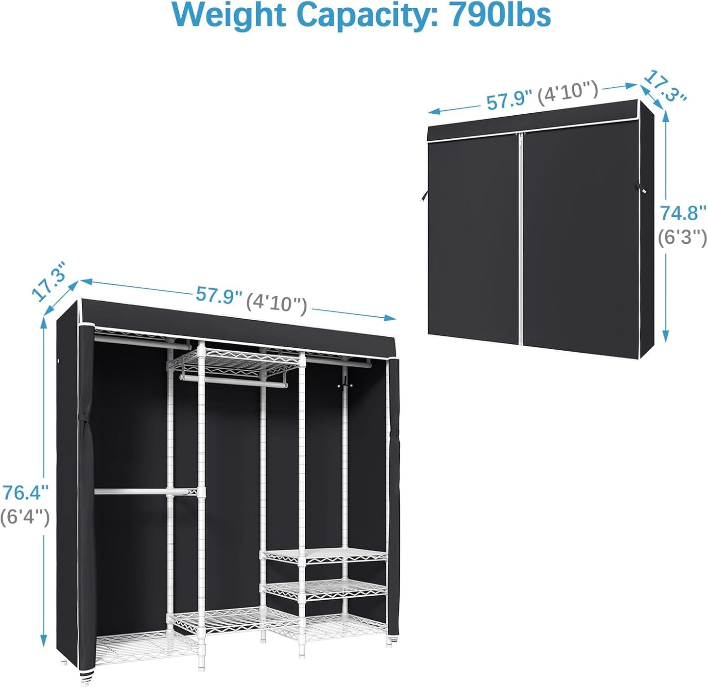 VIPEK V5C Covered Clothes Rack Heavy Duty Portable Closet Wardrobe, Freestanding White Metal Clothing Rack with Black Dustproof Cover, Adjustable Custom Closet Rack, 57.9"L x 17.3"W x 76.4"H (Medium)
