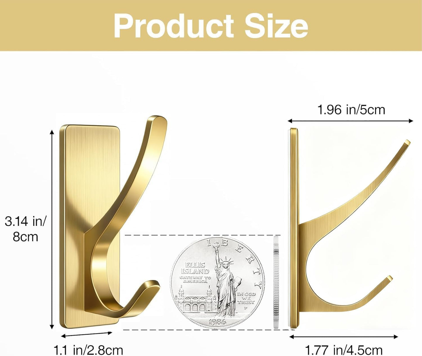pickpiff Self Adhesive Coat Hooks for Hanging, Heavy Duty Stainless Double Wall Hook for Towel, Backpack, Hat, Sturdy Metal Hanger for Bathroom, Bedroom, Door, Wall Mounted, 6-Pack, Brushed Gold