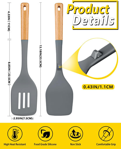 Pack of 2 Large Silicone Spatula, Heat Resistant Solid Turner, Non Stick Slotted Spatulas with Wooden Handle, Ideal Kitchen Utensils for Flipping, Pancakes, Eggs, Fish(GRAY)