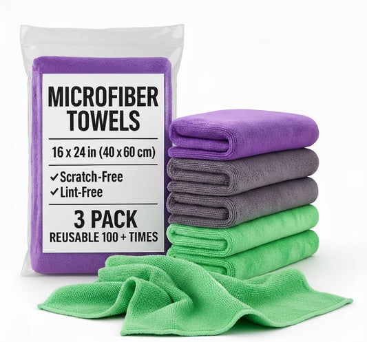 PAKS - 3 Pack Reusable Microfiber Towels - 16x24 Micro Fiber Towels Car Detailing - Plush Auto Cleaning Cloths - Dual-Sided Car Microfiber Towel - Lint & Streak-Free Wash Cloths - Cleaning Supplies