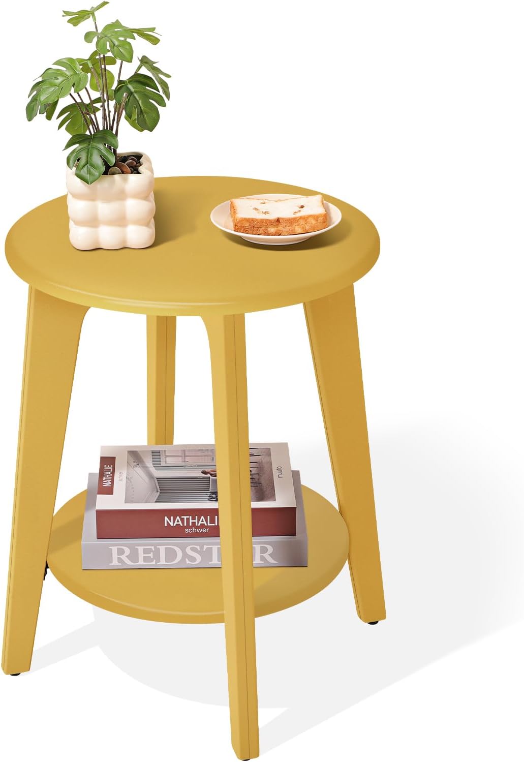 Round Side Table Gold Wooden End Table with Lower Shelf Rustic Vintage Nightstand Beside Table for Living Room Bedroom Small Spaces