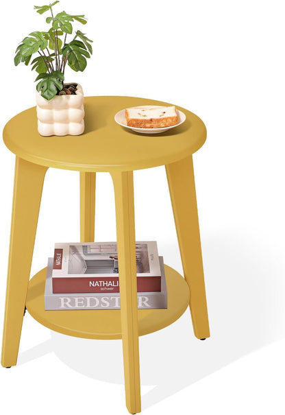 Round Side Table Gold Wooden End Table with Lower Shelf Rustic Vintage Nightstand Beside Table for Living Room Bedroom Small Spaces
