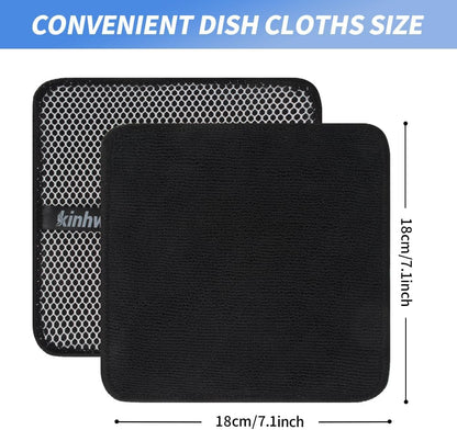 KinHwa Kitchen Washcloths for Dishes Absorbent Microfiber Dish Cloths Quick Dry Dish Rags with Poly Scour Scrub Side Ideal for Kitchen Cleaning (Black, 7inchx7inch 9 Pack)