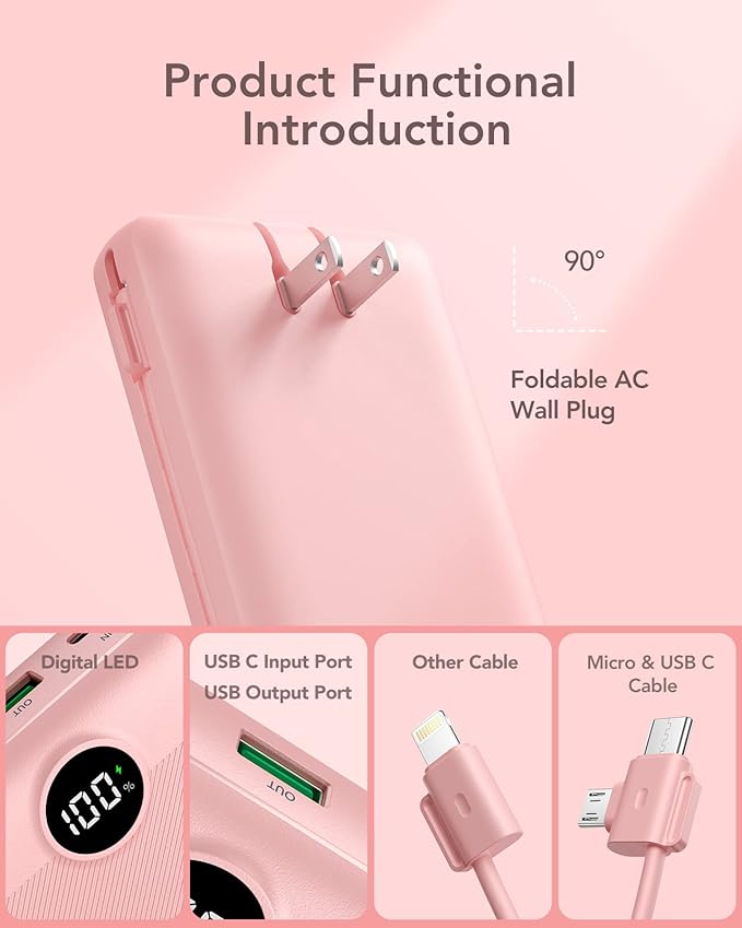 VRURC Portable Charger 20000mAh, Fast Charging Power Bank USB C,4 Output 2 Input Travel Essentials Charging Bank Equipped with LED Display,Built-in Wall Plug and Cables,Phone Charger Battery,Pink
