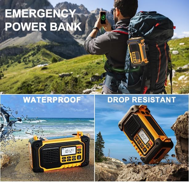 Emergency Weather Radio, AM/FM/SW/NOAA Hand Crank Radio with 37000mWh/10000mAh Portable Large Capacity, USB/Solar/Hand Crank Charging, AAA Battery Operated, SOS Alarm & Flashlight (Yellow)