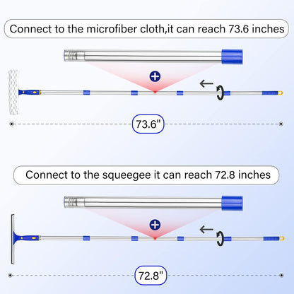 ITTAR Window Squeegee with 2 Sets Stainless Steel Pole, Squeegee Cleaning Tools with Microfiber Pads, 60"-72" Telescopic Window Washing Kit, Professional Squeegee Cleaner for Home Car Outside Glass