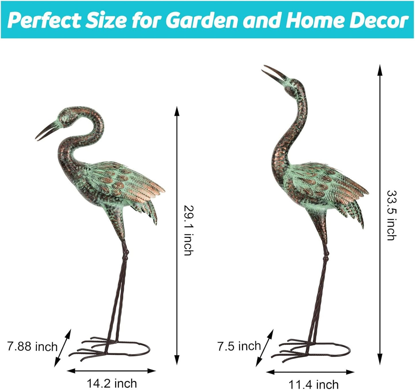 Shorayn Garden Crane Statues, Blue Heron Sculptures for Outdoor, Cranes Decor Metal Bird, Patina Garden Art Lawn Ornaments for Yard Patio Porch Outside Decorations
