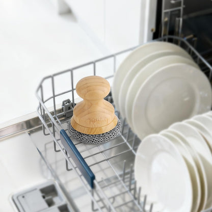 Cast Iron Scrubber and Scraper,Chain Mail Cleaner with Bamboo Handle & Draining Tray,316 Stainless Steel Brush for Cleaning Pots,Pans,Wok,Bakeware,Griddles, Grills,Dishes (Small Chain Mail)