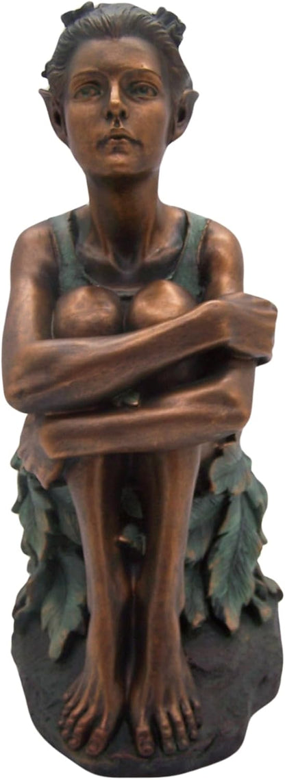 Copper Toned Fairy Holding Knees with Blue Accents Garden Statue, Whimsical Outdoor Decor, 13 Inches