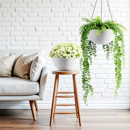Line Pattern 10 Inch Hanging Planter for Indoor Outdoor Plants, 2 Pack Round Hanging Pots for Plants (Speckled White)