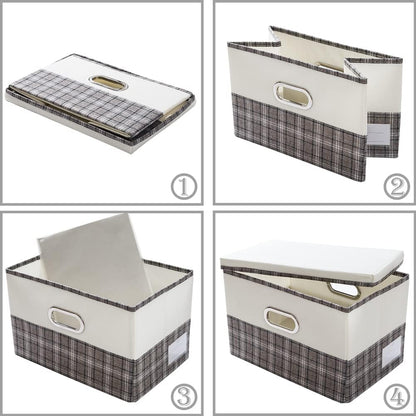 PRANDOM Collapsible Storage Bin with Lid [3-Pack] Fabric Foldable Storage Box Organizer Container Basket Cube with Cover for Home Bedroom Closet Office Nursery Gray plaid & Cream(14.9x9.8x9.8)
