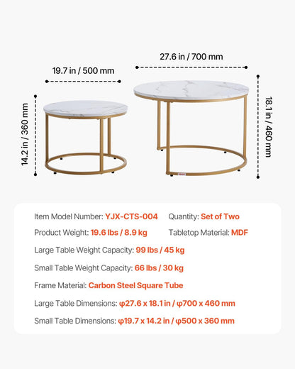 VEVOR Nesting Tables, Coffee Table Set of 2, 27.6 inch Round Coffee Table, Small Coffee Tables Night Stand with Metal Frame, for Living Room, Bedroom, Office (White & Gold)